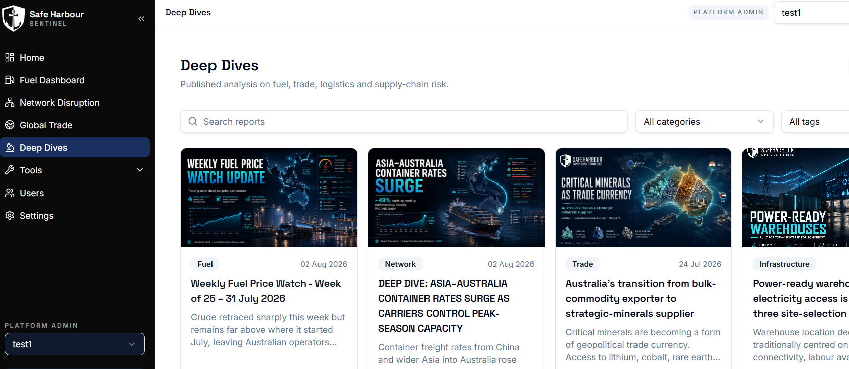 Safeharbour Sentinel supply chain intelligence dashboard
