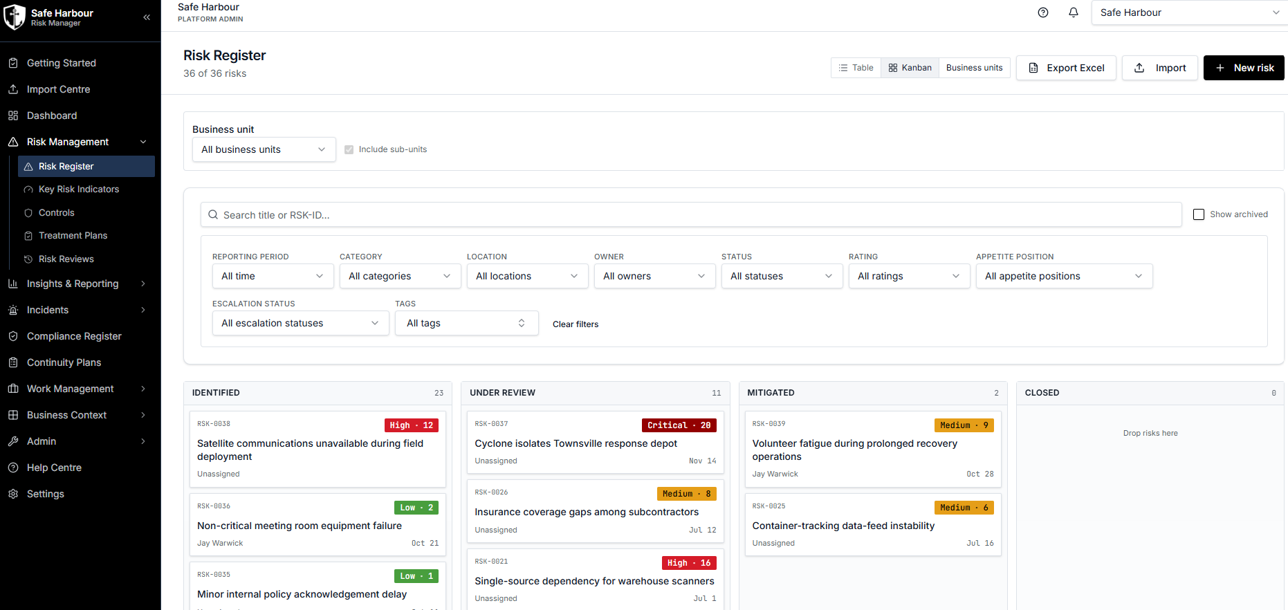 Risk Register kanban view with identified, under review, mitigated and closed columns